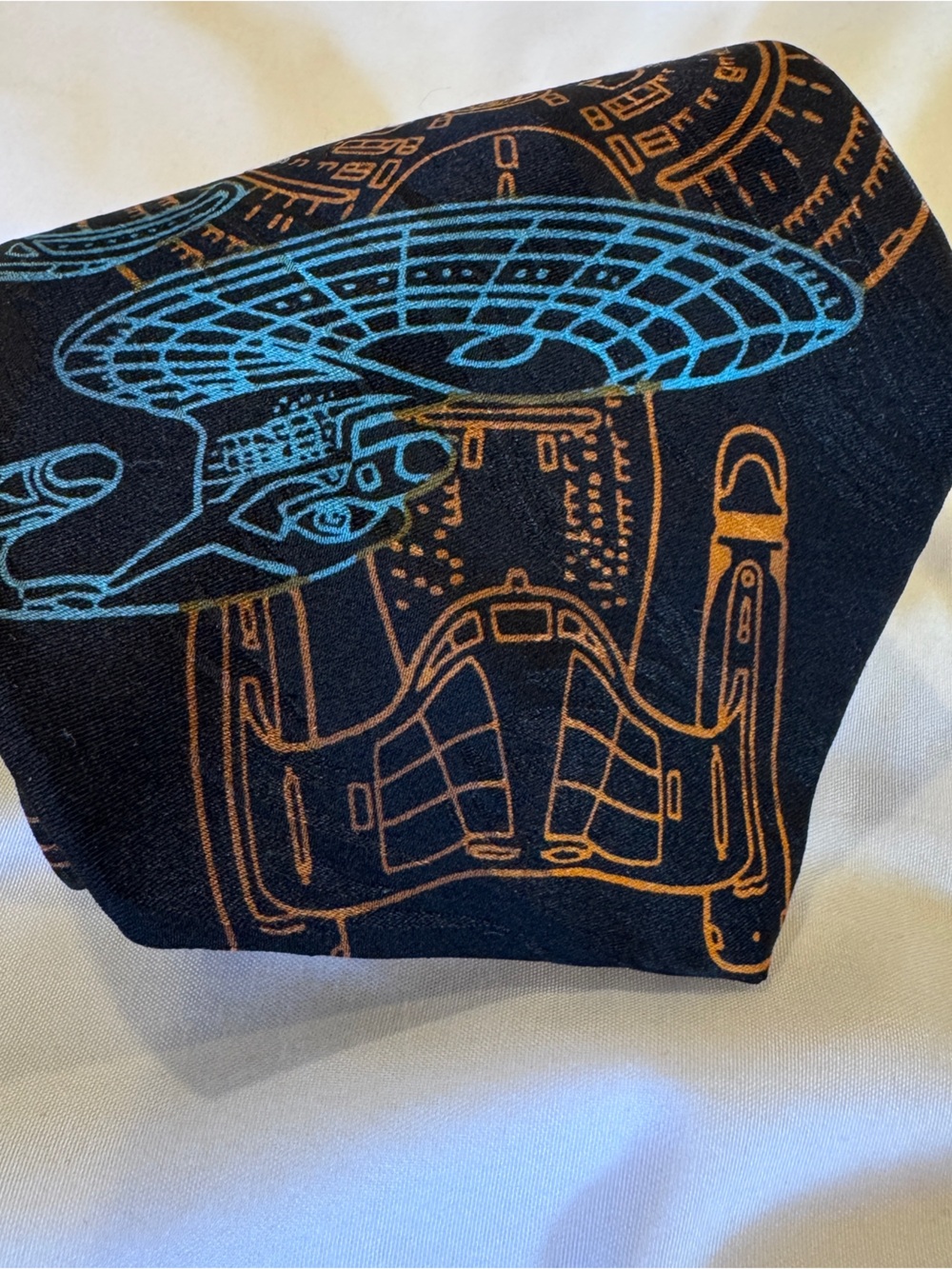 Star Trek Vintage Men's Black Silk Tie with Blue and Orange Starship Design